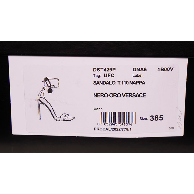 sz 38.5 NEW $1,275 VERSACE Black Leather LOGO SAFETY PIN Stiletto 108 SANDALS HEELS