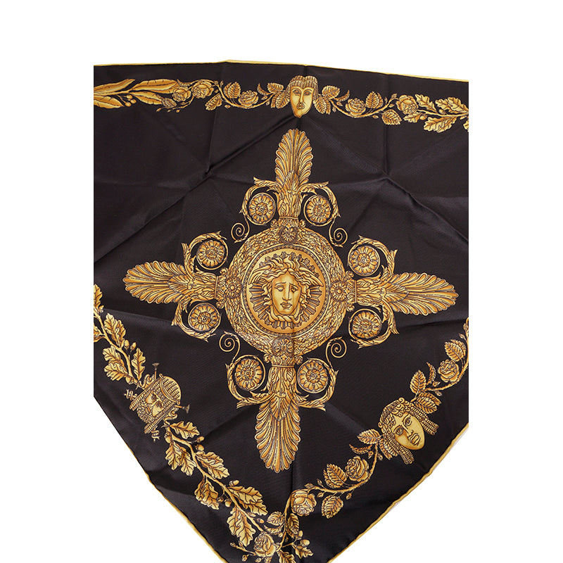 NEW $450 VERSACE Black GOLD MASCHERA BAROQUE MEDUSA HEAD Logo Print SCARF NIB