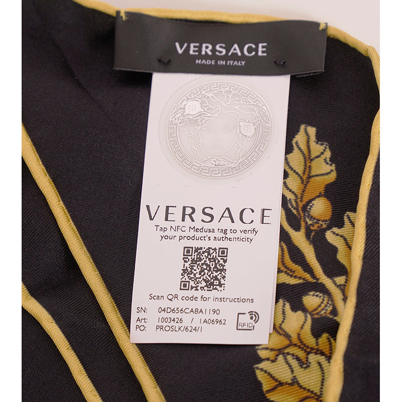 NEW $450 VERSACE Black GOLD MASCHERA BAROQUE MEDUSA HEAD Logo Print SCARF NIB