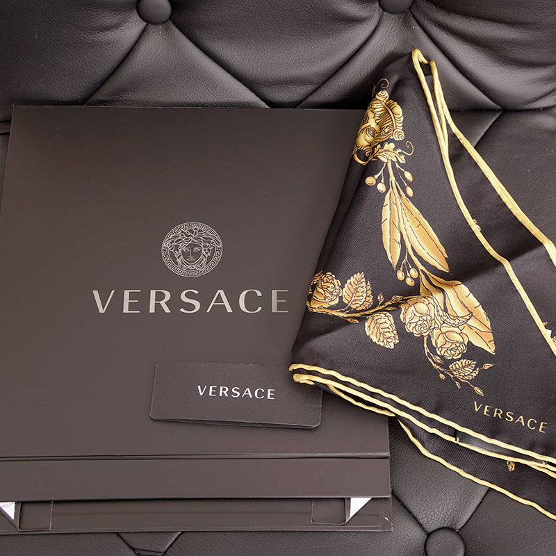 NEW $450 VERSACE Black GOLD MASCHERA BAROQUE MEDUSA HEAD Logo Print SCARF NIB