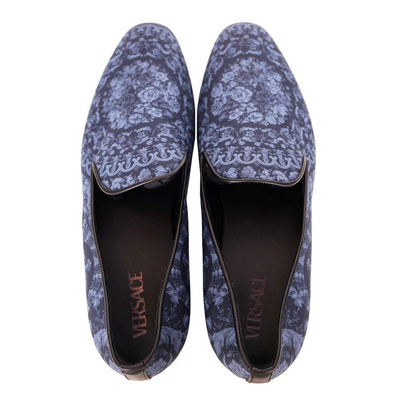 43 10 NEW $850 VERSACE Men's Blue Regal BAROQUE Twill SMOKING SLIPPERS LOAFERS