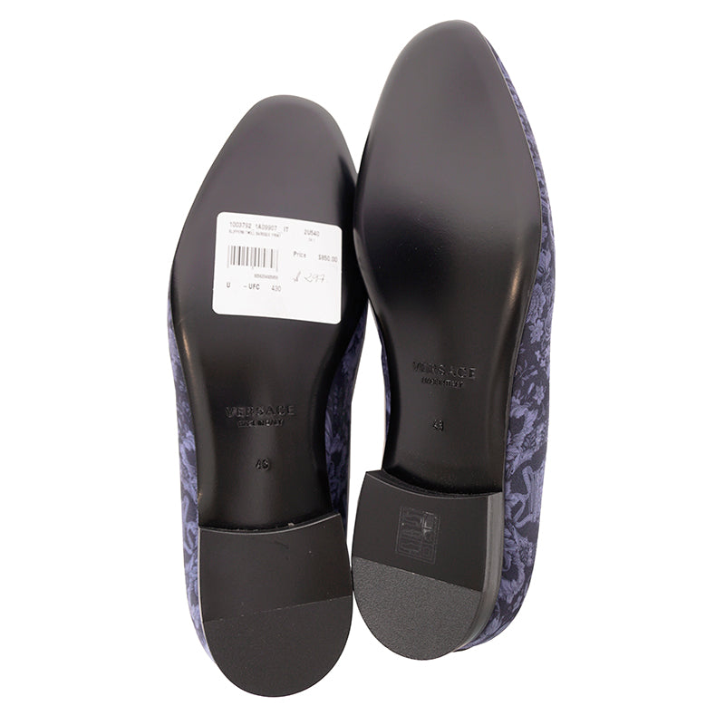43 10 NEW $850 VERSACE Men's Blue Regal BAROQUE Twill SMOKING SLIPPERS LOAFERS