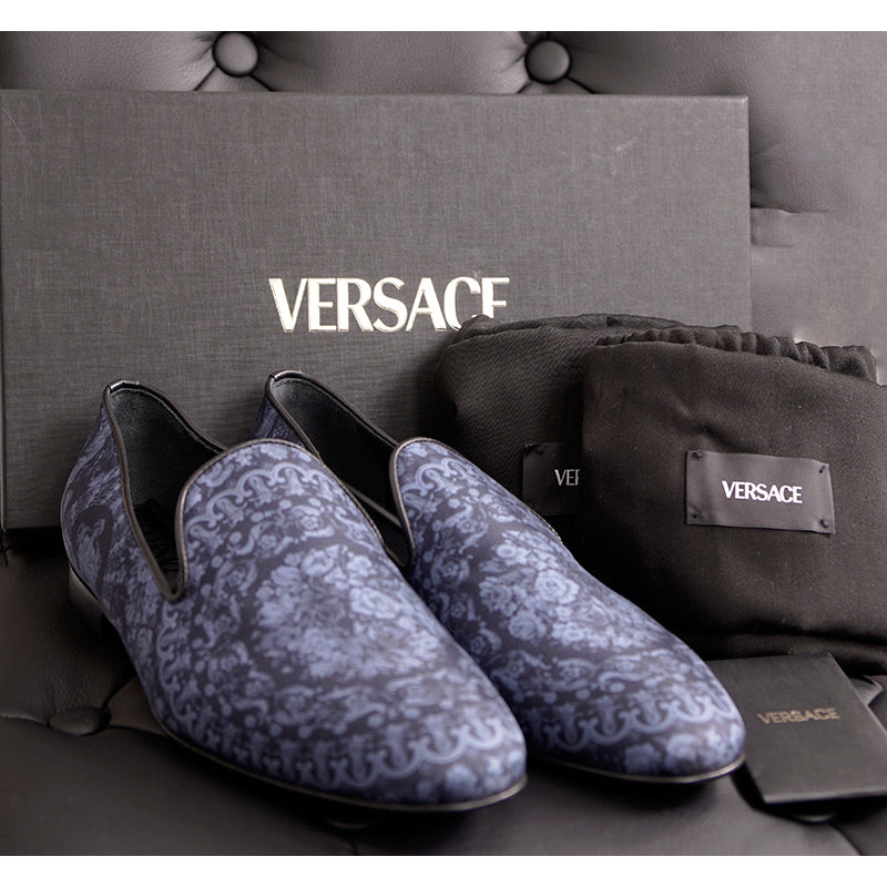 43 10 NEW $850 VERSACE Men's Blue Regal BAROQUE Twill SMOKING SLIPPERS LOAFERS