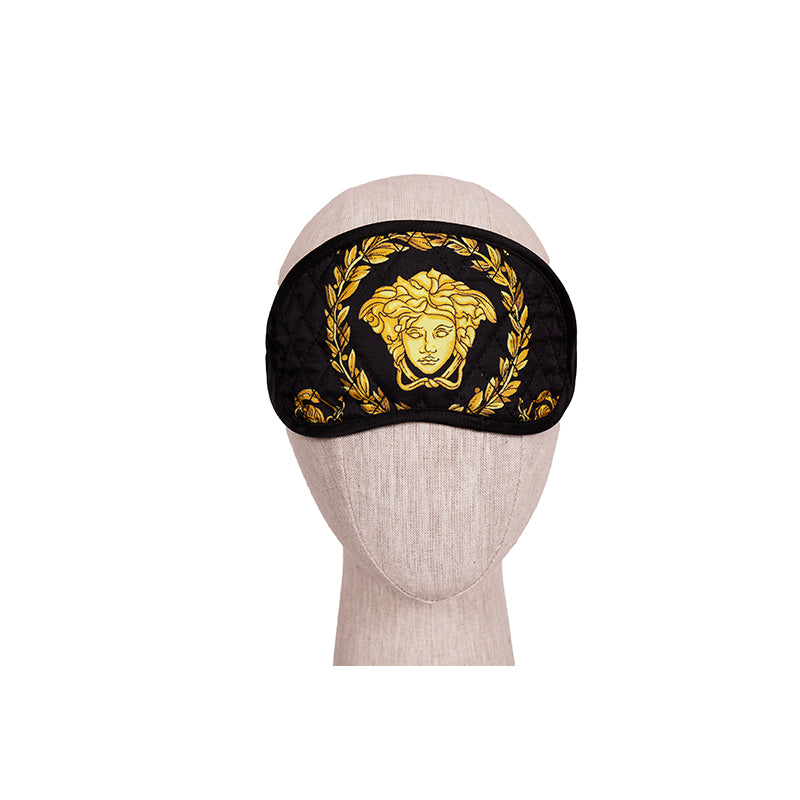 NEW $275 VERSACE Black SILK QUILTED La Coupe des Dieux MEDUSA SLEEP MASK & POUCH