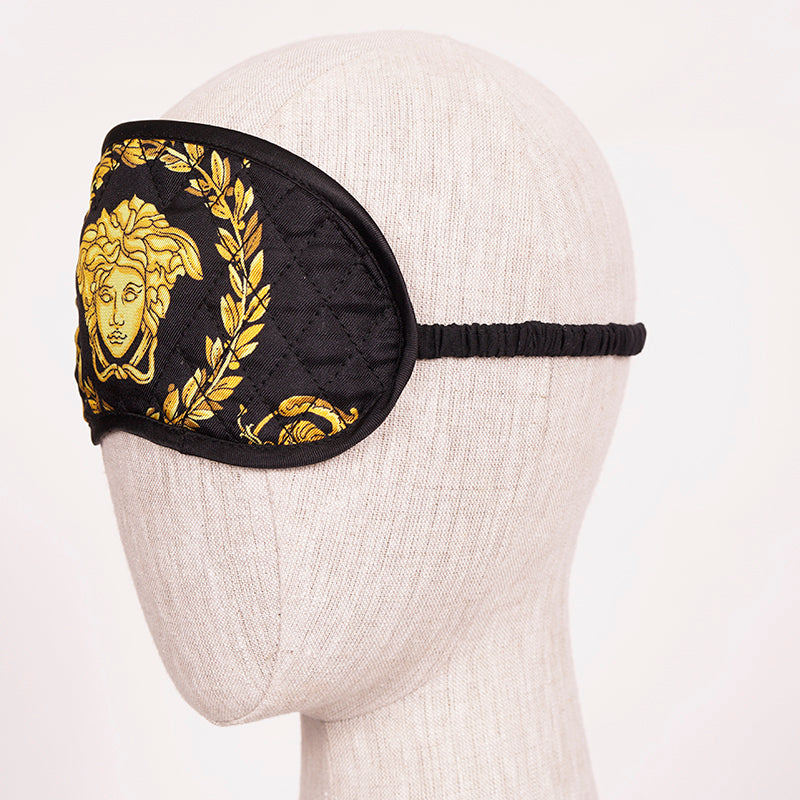 NEW $275 VERSACE Black SILK QUILTED La Coupe des Dieux MEDUSA SLEEP MASK & POUCH