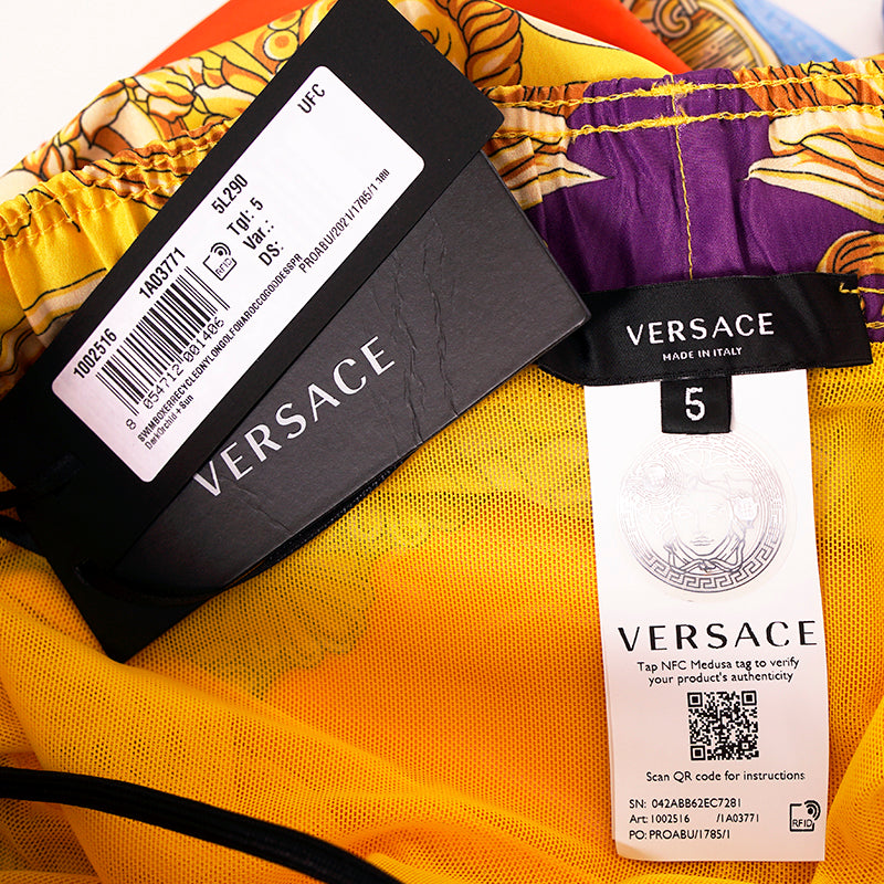 5/6 US L/XL NEW $575 VERSACE Men's Orange Yellow BAROCCO GODDESS PRINT SWIM SHORTS