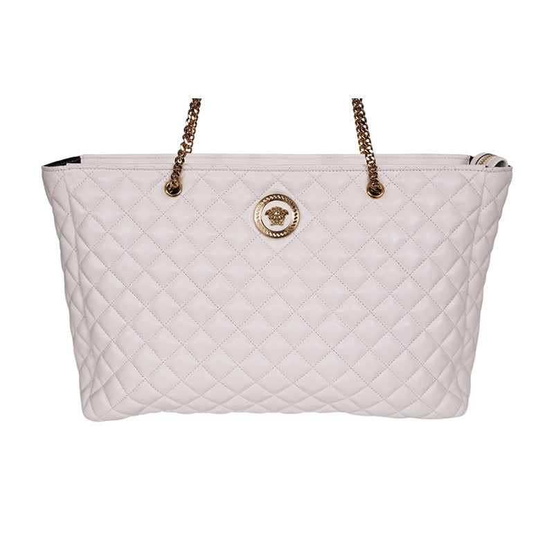 NEW $1800 VERSACE TRIBUTE White Quilted Lamb Leather GOLD MEDUSA HEAD Tote BAG
