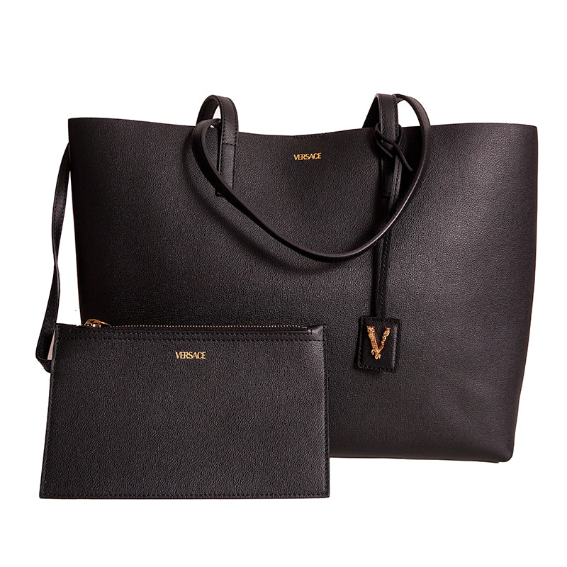 NEW $1,175 VERSACE Black Leather YELLOW BAROCCO FLORAL LINING Tote VIRTUS V BAG
