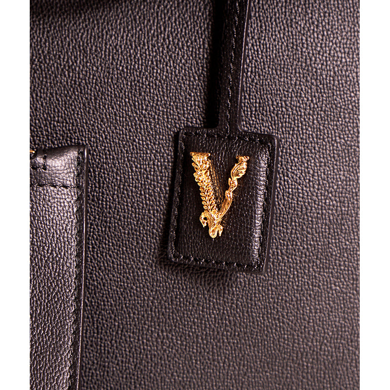 NEW $1,175 VERSACE Black Leather YELLOW BAROCCO FLORAL LINING Tote VIRTUS V BAG