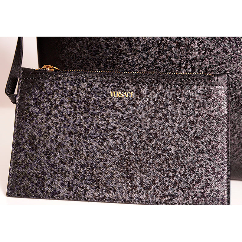 NEW $1,175 VERSACE Black Leather YELLOW BAROCCO FLORAL LINING Tote VIRTUS V BAG