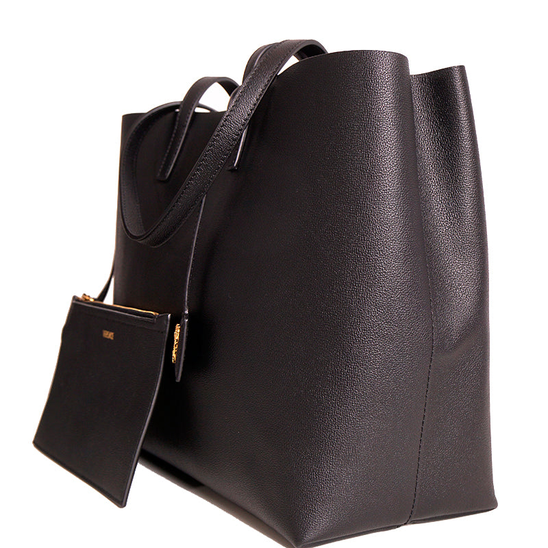 NEW $1,175 VERSACE Black Leather YELLOW BAROCCO FLORAL LINING Tote VIRTUS V BAG