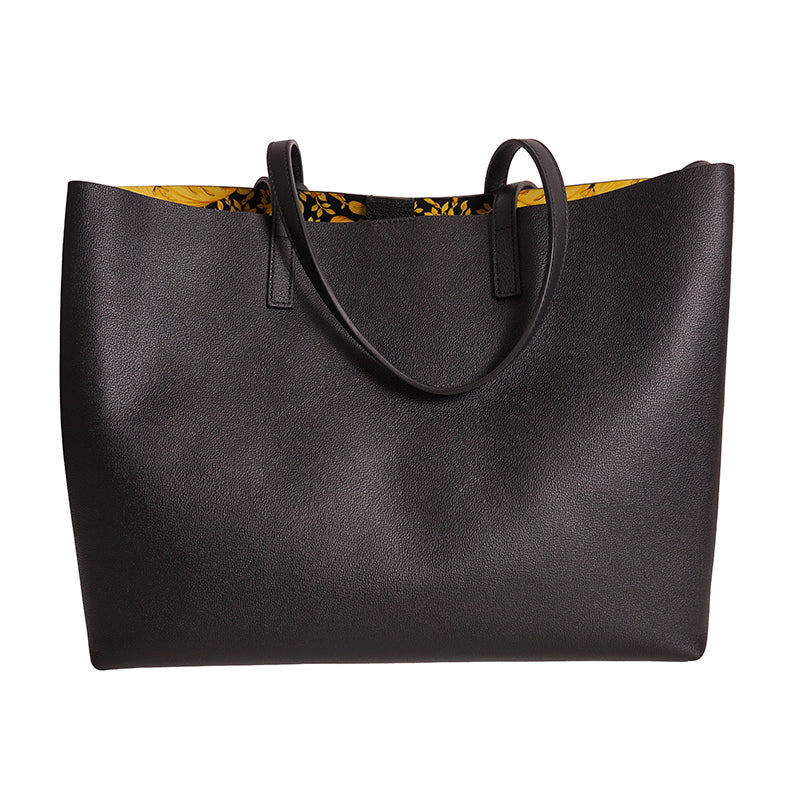 NEW $1,175 VERSACE Black Leather YELLOW BAROCCO FLORAL LINING Tote VIRTUS V BAG