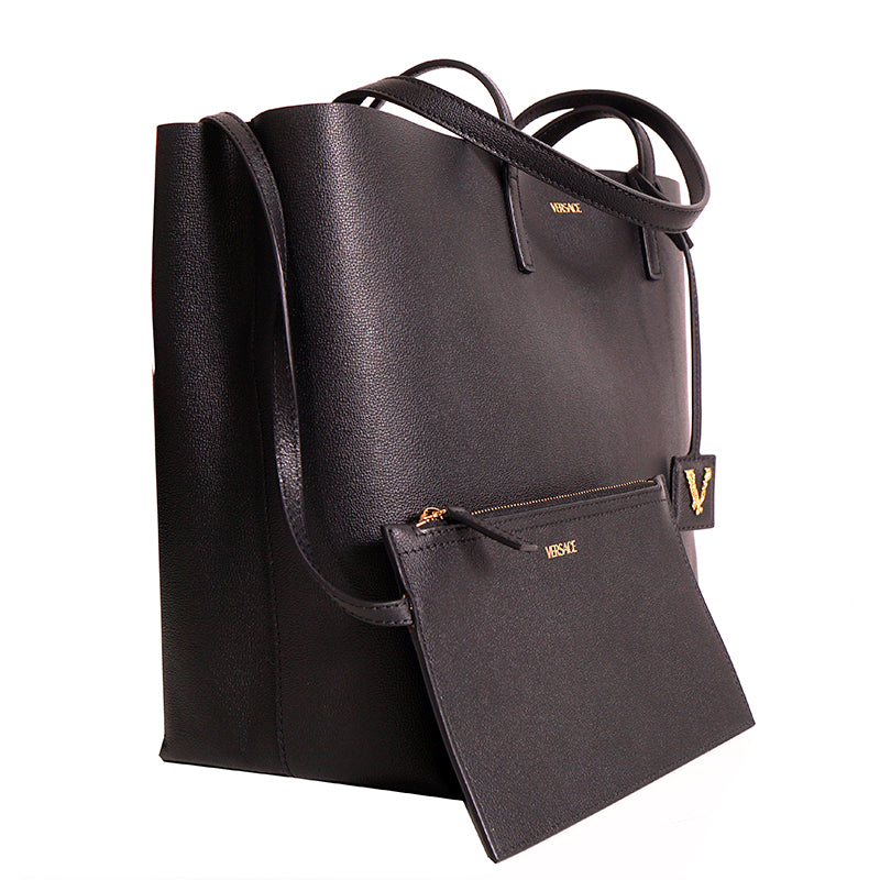 NEW $1,175 VERSACE Black Leather YELLOW BAROCCO FLORAL LINING Tote VIRTUS V BAG