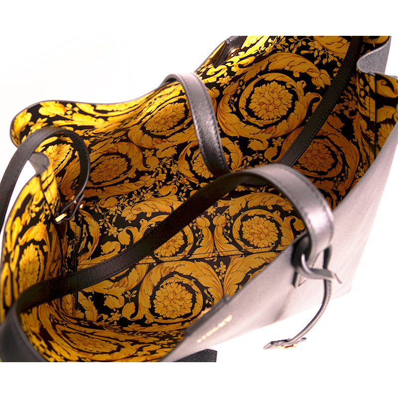 NEW $1,175 VERSACE Black Leather YELLOW BAROCCO FLORAL LINING Tote VIRTUS V BAG