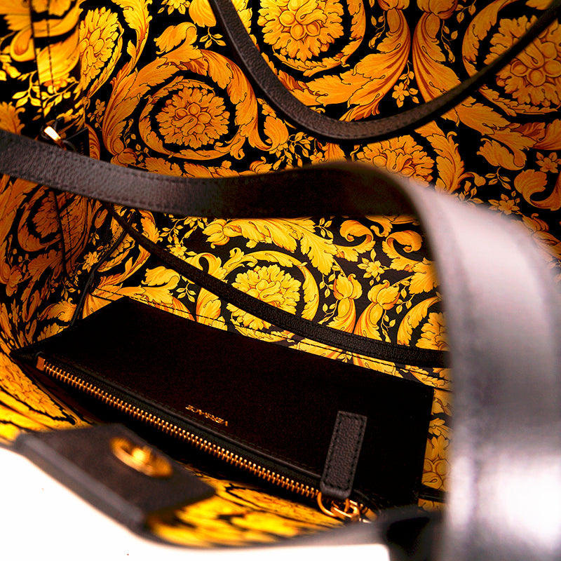 NEW $1,175 VERSACE Black Leather YELLOW BAROCCO FLORAL LINING Tote VIRTUS V BAG