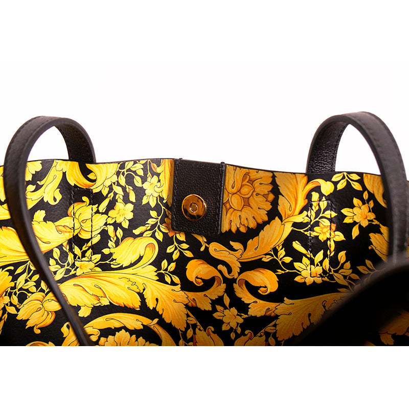 NEW $1,175 VERSACE Black Leather YELLOW BAROCCO FLORAL LINING Tote VIRTUS V BAG