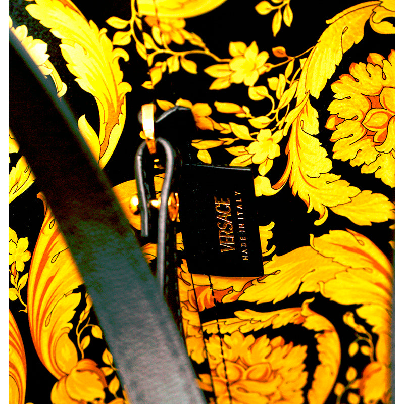 NEW $1,175 VERSACE Black Leather YELLOW BAROCCO FLORAL LINING Tote VIRTUS V BAG