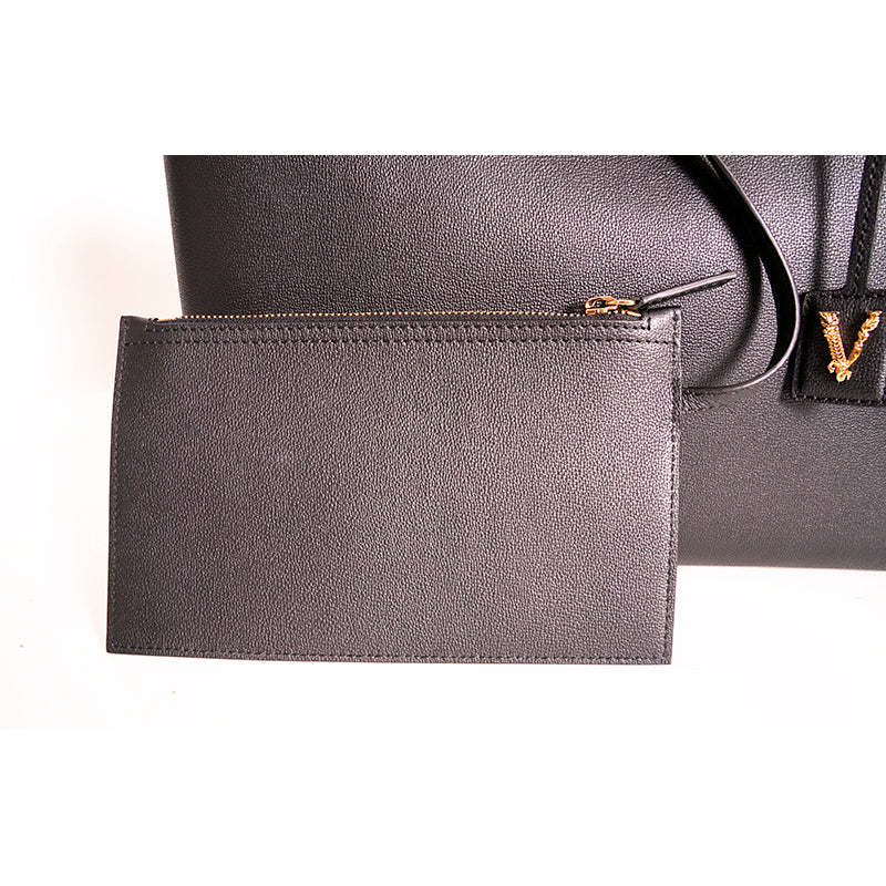 NEW $1,175 VERSACE Black Leather YELLOW BAROCCO FLORAL LINING Tote VIRTUS V BAG