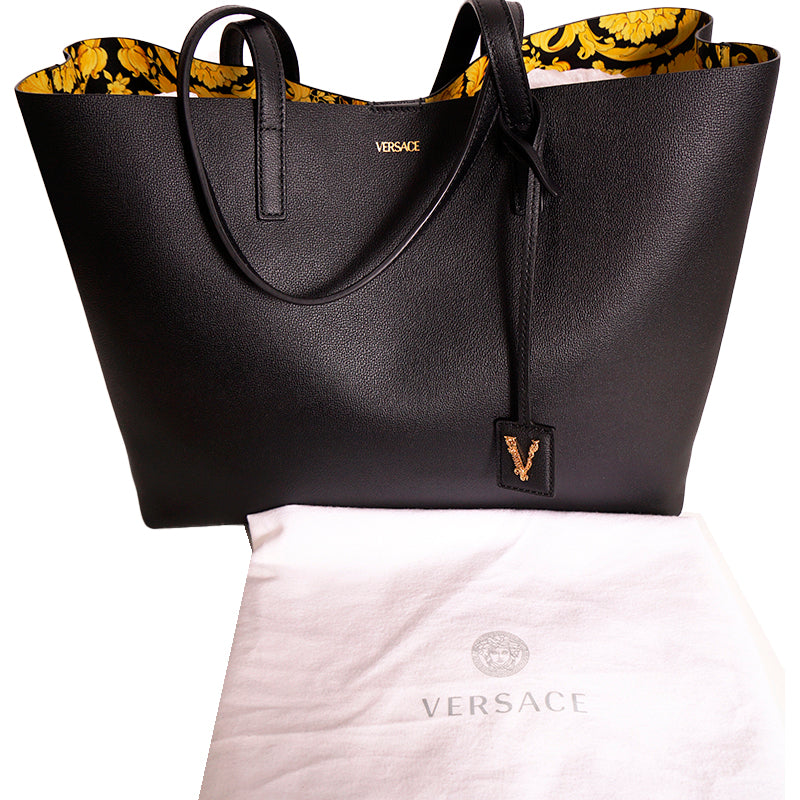 NEW $1,175 VERSACE Black Leather YELLOW BAROCCO FLORAL LINING Tote VIRTUS V BAG
