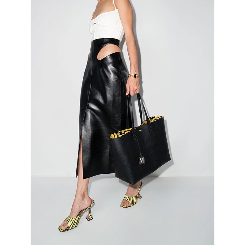 NEW $1,175 VERSACE Black Leather YELLOW BAROCCO FLORAL LINING Tote VIRTUS V BAG