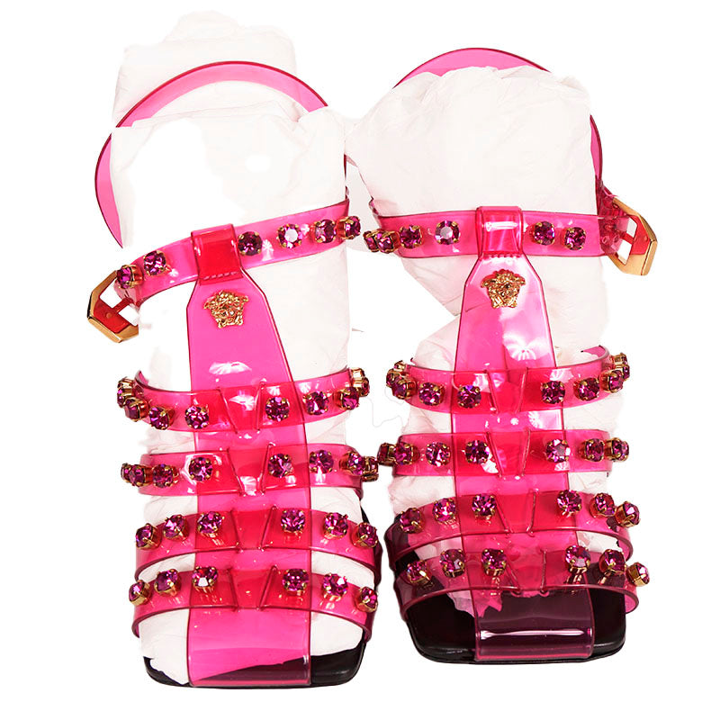 37 NEW $1,650 VERSACE RUNWAY Pink Jelly Gold MEDUSA Logo CAGE High Heel SANDALS