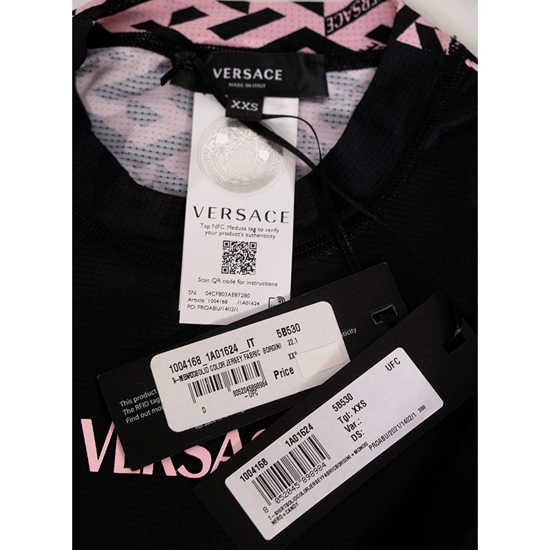 XXS/S NEW $395 VERSACE Black Jersey PINK LA GRECA Fitted Logo Tee SPORTY T-SHIRT TOP