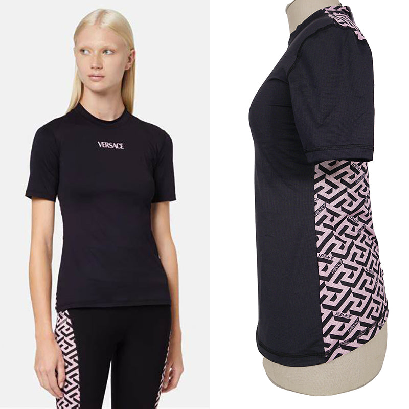 XXS/S NEW $395 VERSACE Black Jersey PINK LA GRECA Fitted Logo Tee SPORTY T-SHIRT TOP