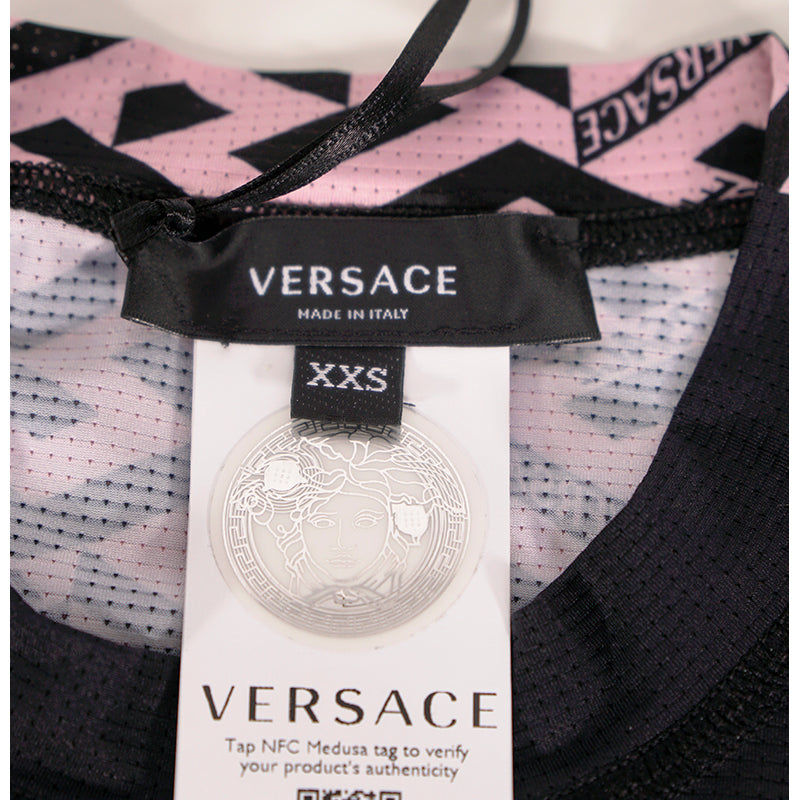 XXS/S NEW $395 VERSACE Black Jersey PINK LA GRECA Fitted Logo Tee SPORTY T-SHIRT TOP
