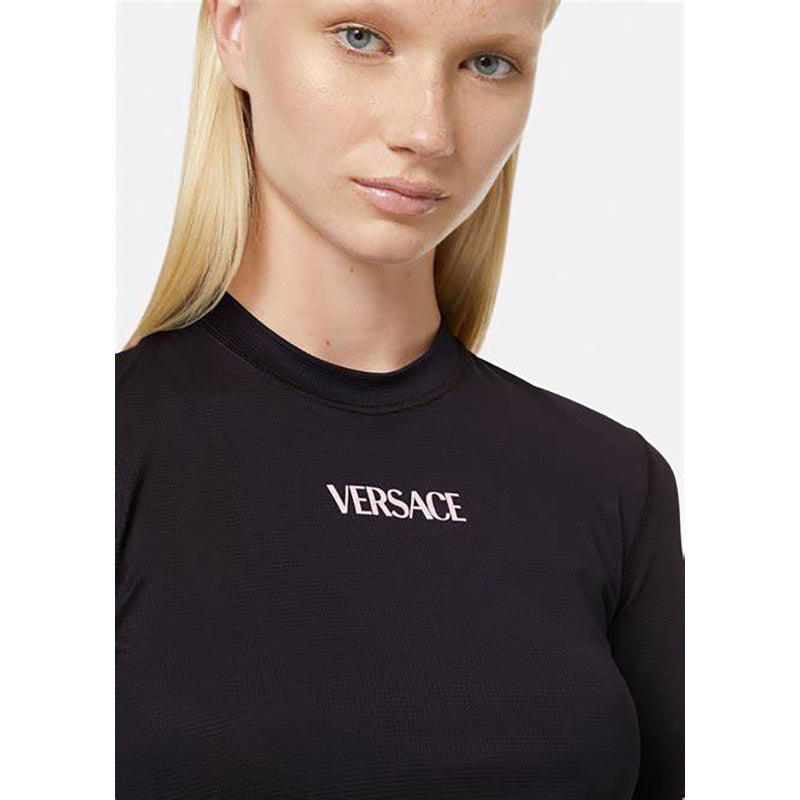 XXS/S NEW $395 VERSACE Black Jersey PINK LA GRECA Fitted Logo Tee SPORTY T-SHIRT TOP