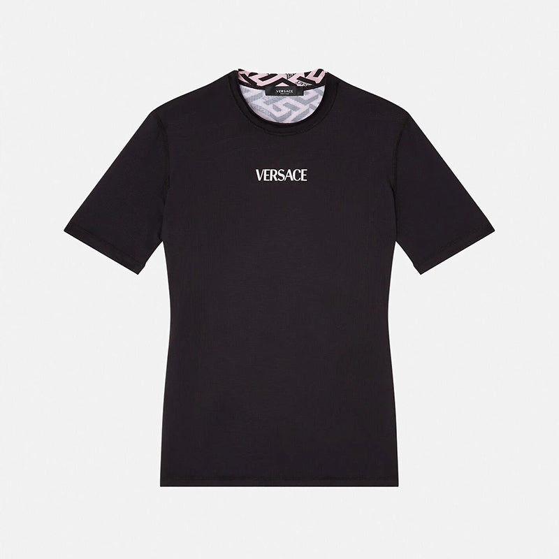 XXS/S NEW $395 VERSACE Black Jersey PINK LA GRECA Fitted Logo Tee SPORTY T-SHIRT TOP