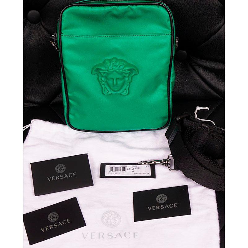 NEW $1100 VERSACE Men's Green Nylon LA MEDUSA LOGO Crossbody Messenger BAG NWT