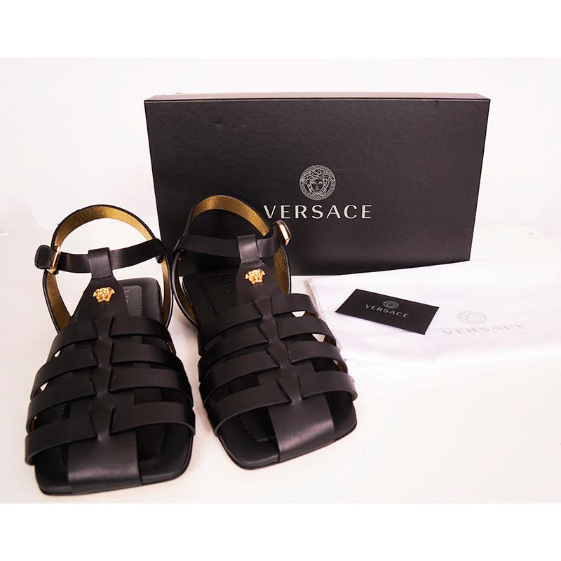 41 & 46 NEW $925 VERSACE Men Black Leather FISHERMAN SANDALS MEDUSA STUD Accent