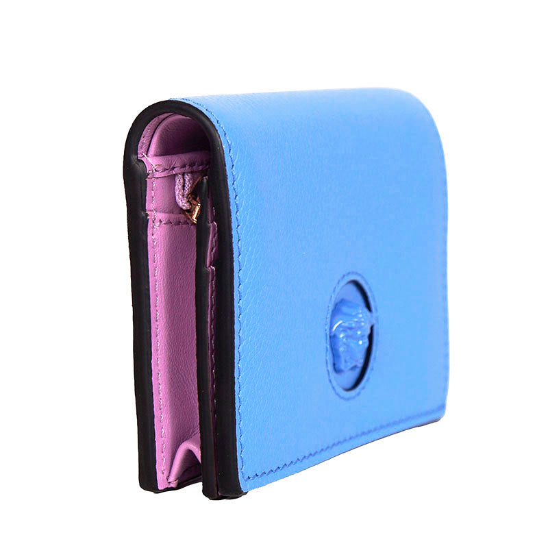NEW $525 VERSACE Blue Leather LA MEDUSA LOGO Bifold Small COMPACT WALLET NIB