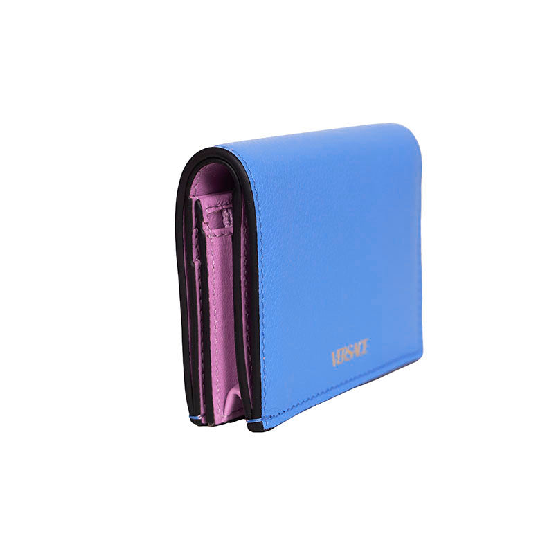 NEW $525 VERSACE Blue Leather LA MEDUSA LOGO Bifold Small COMPACT WALLET NIB