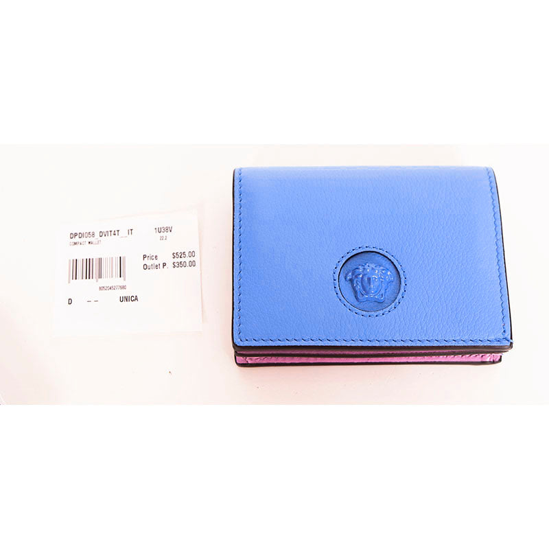 NEW $525 VERSACE Blue Leather LA MEDUSA LOGO Bifold Small COMPACT WALLET NIB