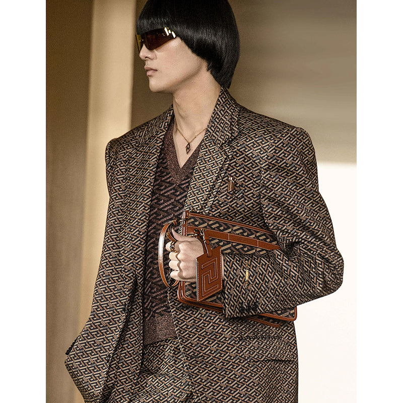 NEW $1,190 VERSACE RUNWAY Caramel LA GRECA Signature Small Pouch CROSSBODY BAG
