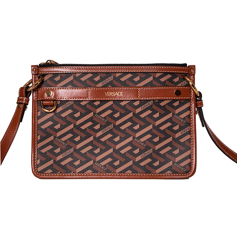 NEW $1,190 VERSACE RUNWAY Caramel LA GRECA Signature Small Pouch CROSSBODY BAG