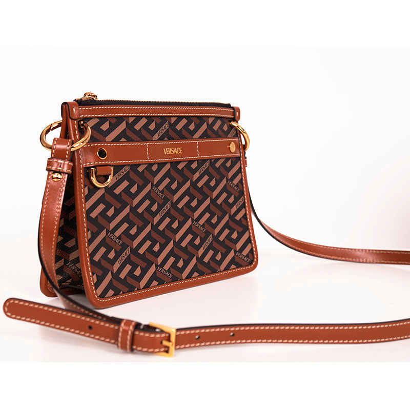 NEW $1,190 VERSACE RUNWAY Caramel LA GRECA Signature Small Pouch CROSSBODY BAG