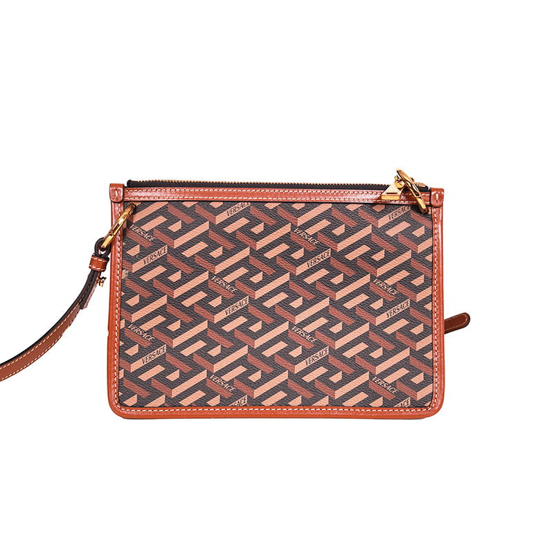 NEW $1,190 VERSACE RUNWAY Caramel LA GRECA Signature Small Pouch CROSSBODY BAG