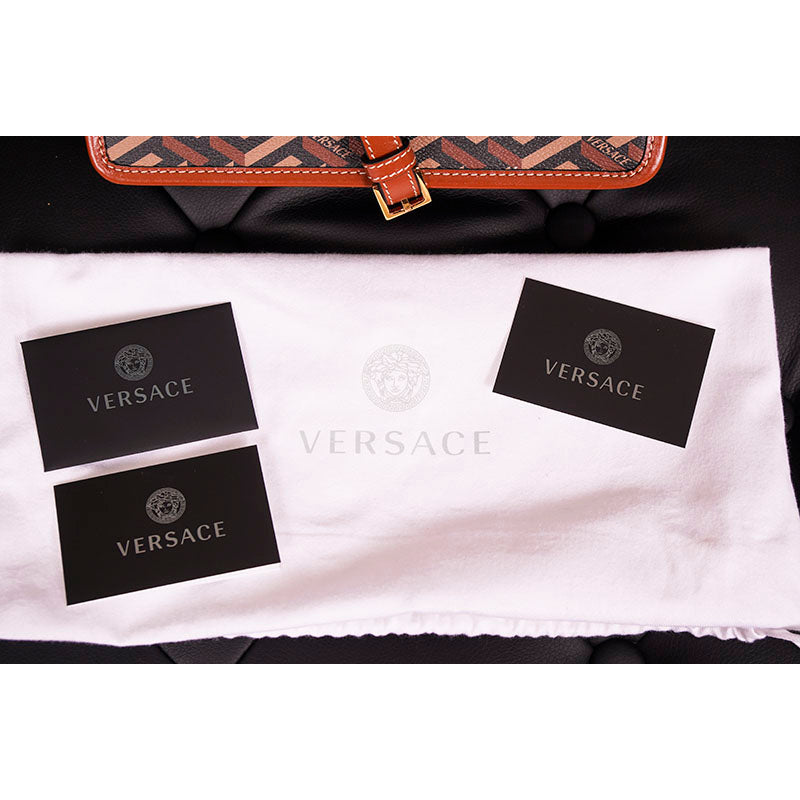 NEW $1,190 VERSACE RUNWAY Caramel LA GRECA Signature Small Pouch CROSSBODY BAG