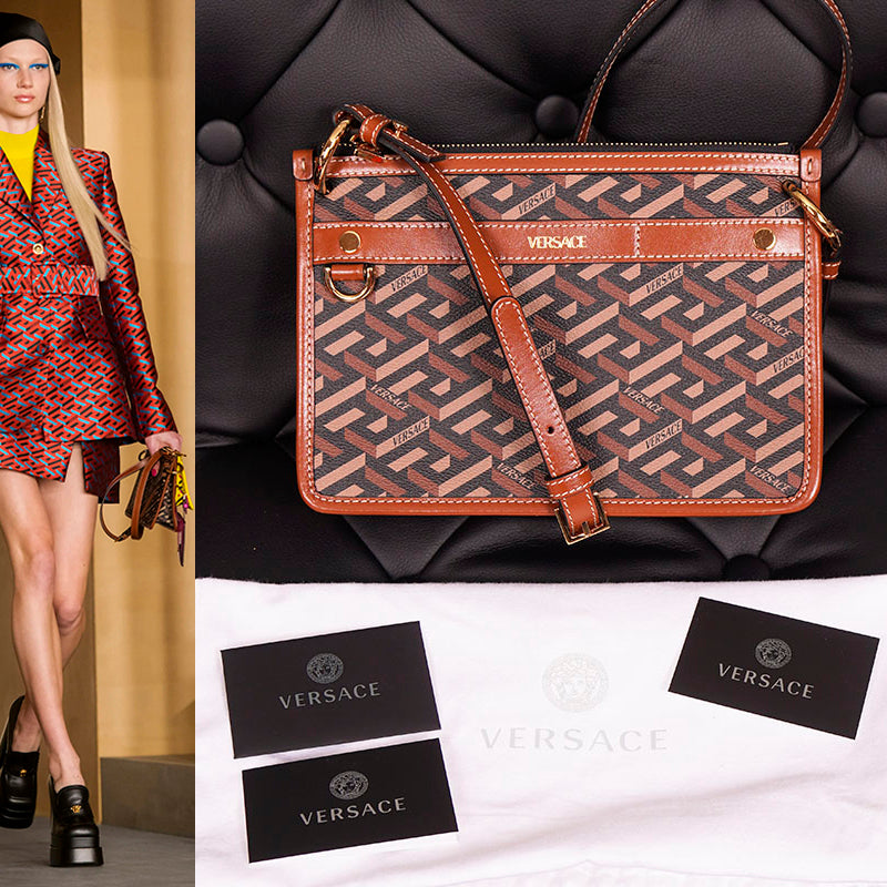 NEW $1,190 VERSACE RUNWAY Caramel LA GRECA Signature Small Pouch CROSSBODY BAG