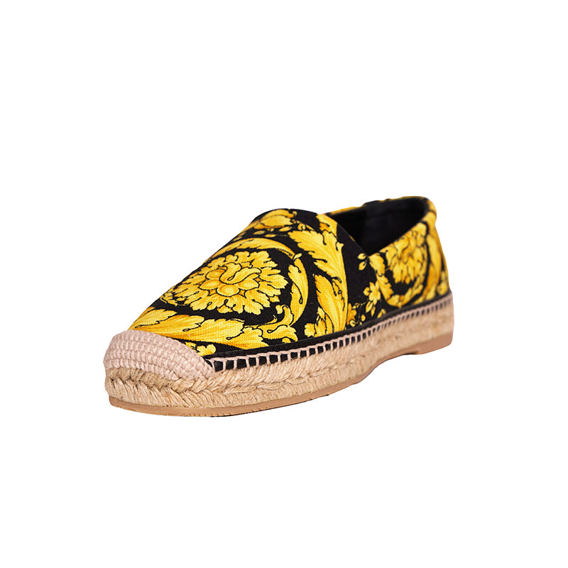 37 NEW $550 VERSACE Black Yellow CLASSIC ST BAROCCO LOGO Espadrille SUMMER FLATS