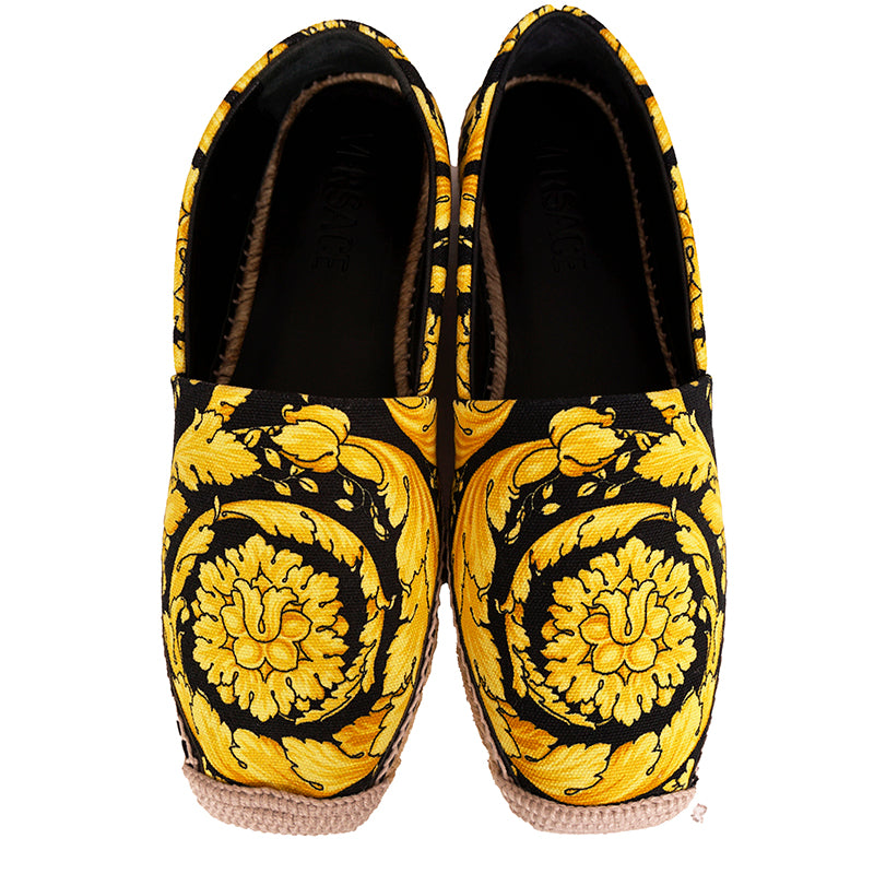 37 NEW $550 VERSACE Black Yellow CLASSIC ST BAROCCO LOGO Espadrille SUMMER FLATS