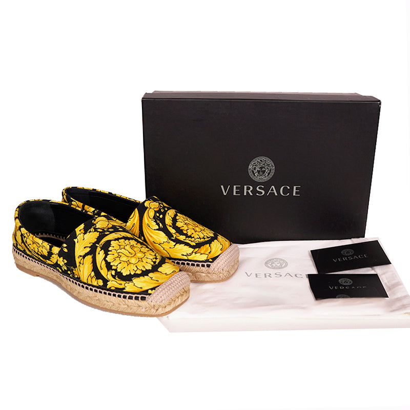37 NEW $550 VERSACE Black Yellow CLASSIC ST BAROCCO LOGO Espadrille SUMMER FLATS