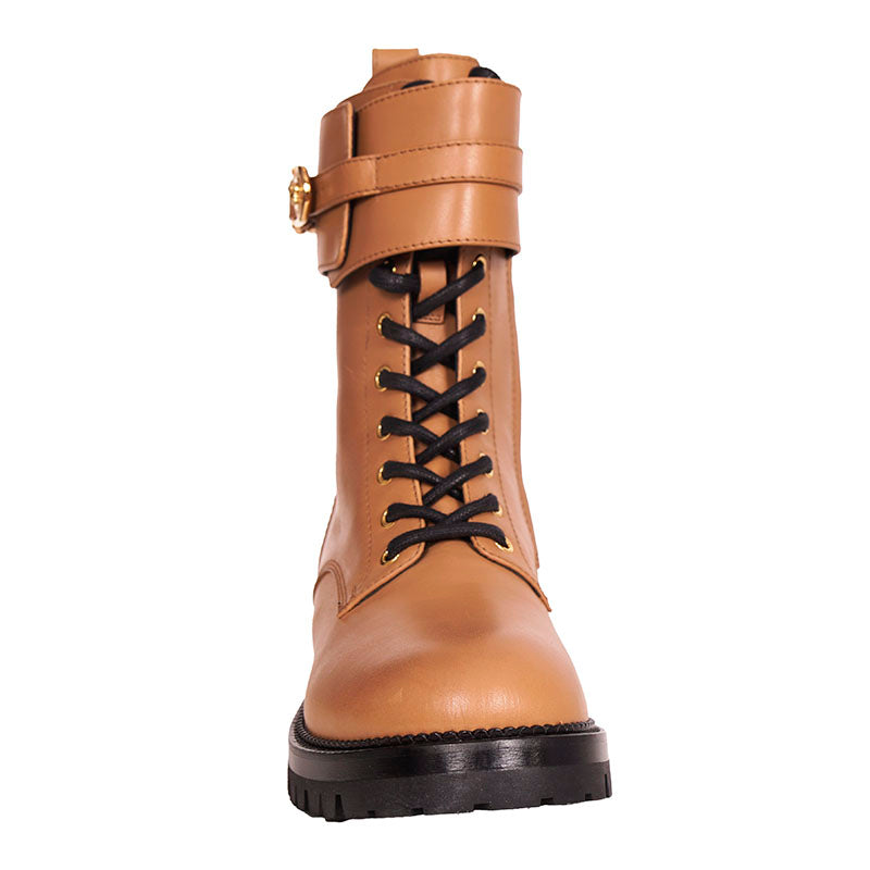 38 NEW $1195 VERSACE Camel Leather GOLD SAFETY PIN MEDUSA Lugged COMBATS BOOTS