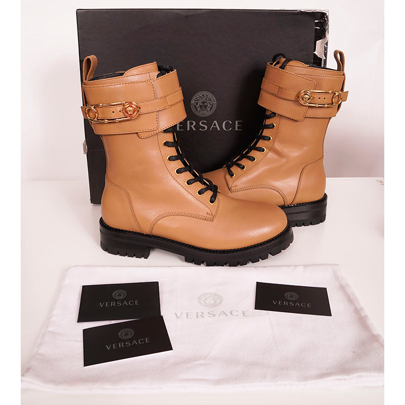 38 NEW $1195 VERSACE Camel Leather GOLD SAFETY PIN MEDUSA Lugged COMBATS BOOTS