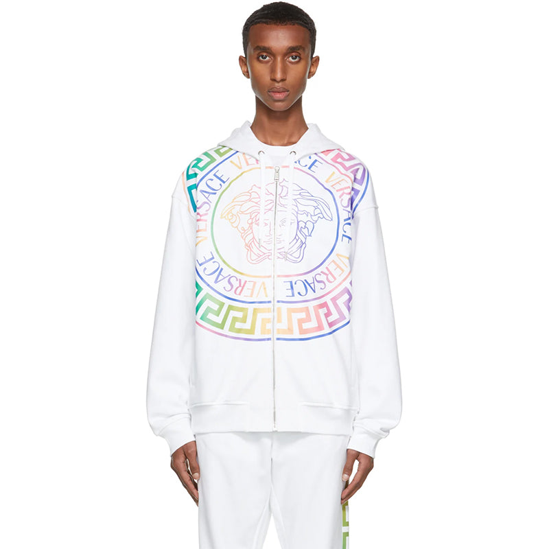 sz XL NEW $1625 VERSACE Men's White NEON RAINBOW MEDUSA Hoodie SWEATSHIRT JACKET