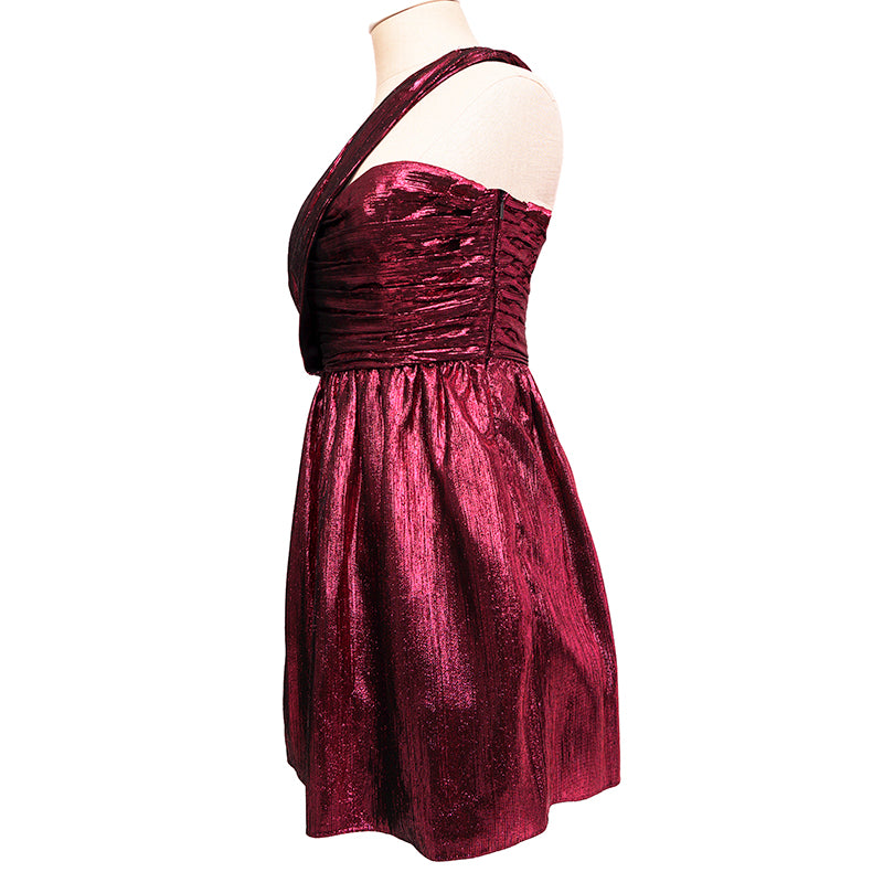 36 NEW $3290 SAINT LAURENT Fuchsia Pink LAME ONE SHOULDER MINI Cocktail DRESS XS
