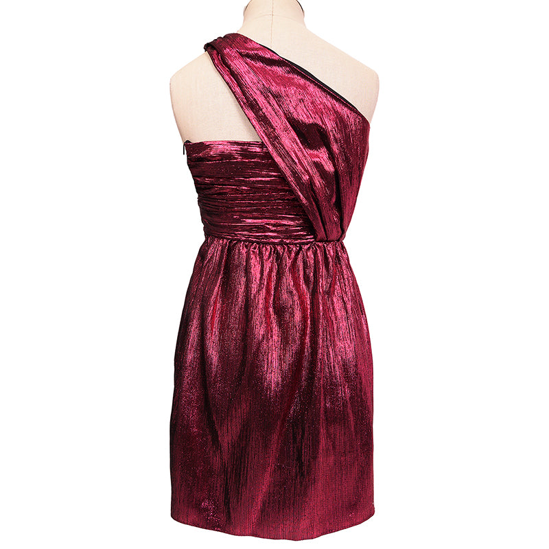 36 NEW $3290 SAINT LAURENT Fuchsia Pink LAME ONE SHOULDER MINI Cocktail DRESS XS