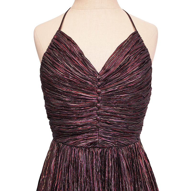 36 NEW $3590 SAINT LAURENT Flame Red LAME HALTER MINI Cocktail PLEATED DRESS XS